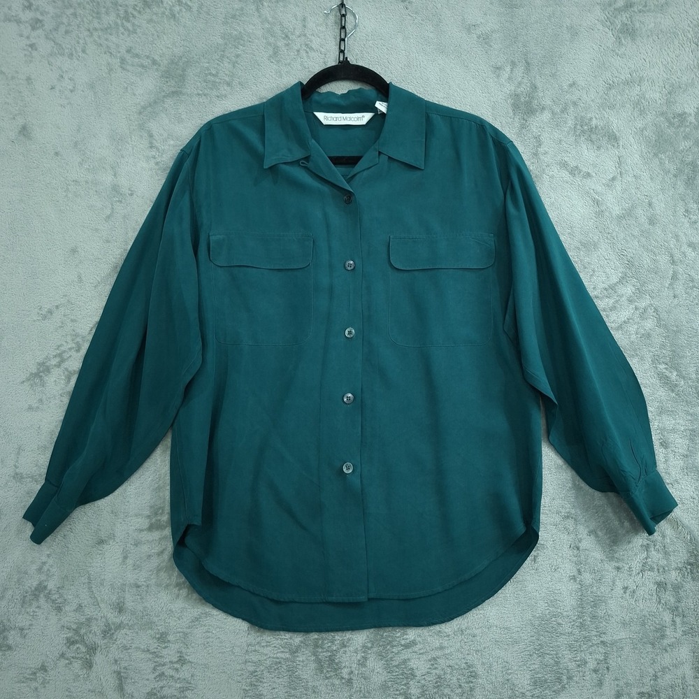 RICHARD MALCOLM Top Women 4 Silk Button Up Long Sleeve Blouse Vintage Green Loop